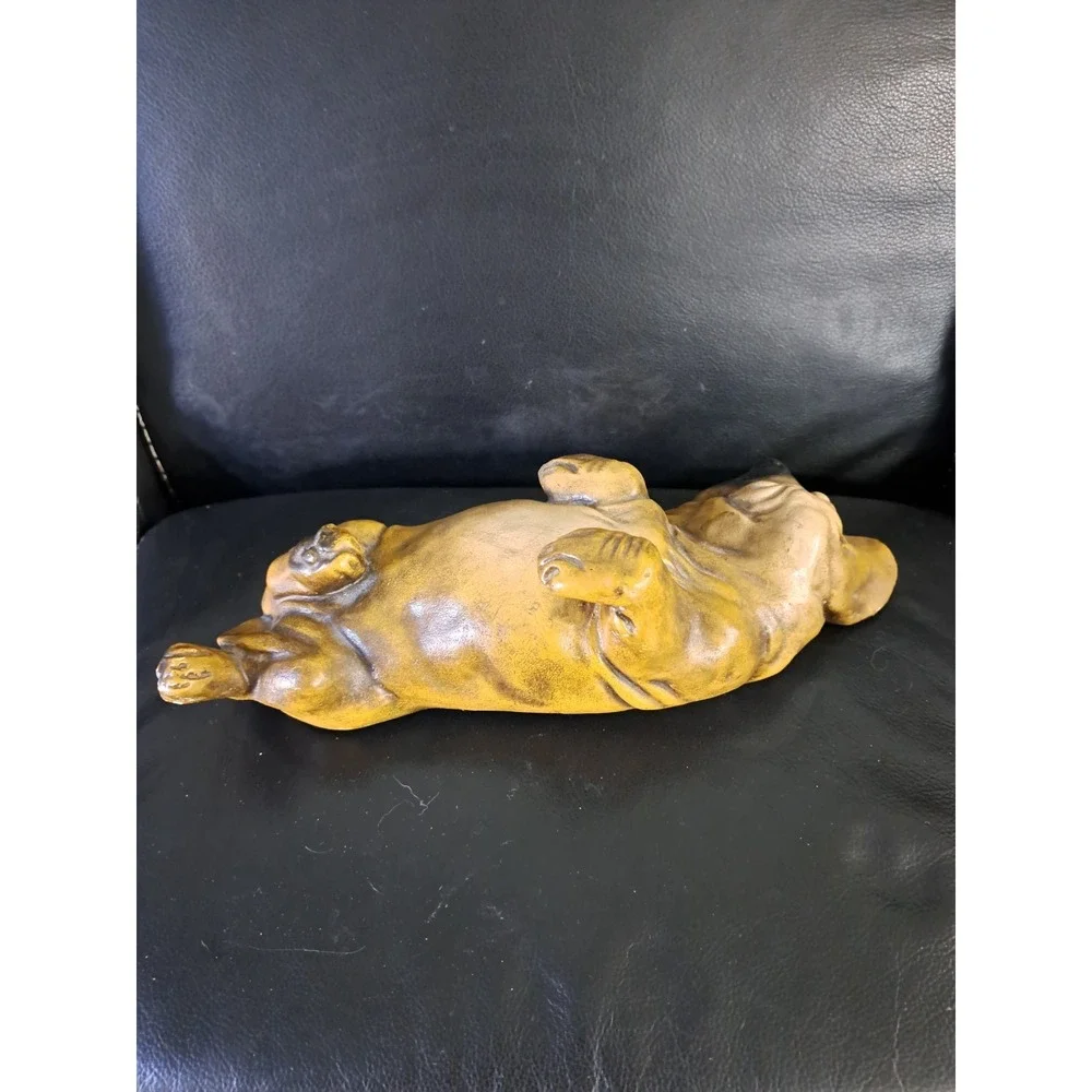 Vintage Chalkware Bassett Hound Dog Sad Eyes Laying On His Back Brown Black 12 